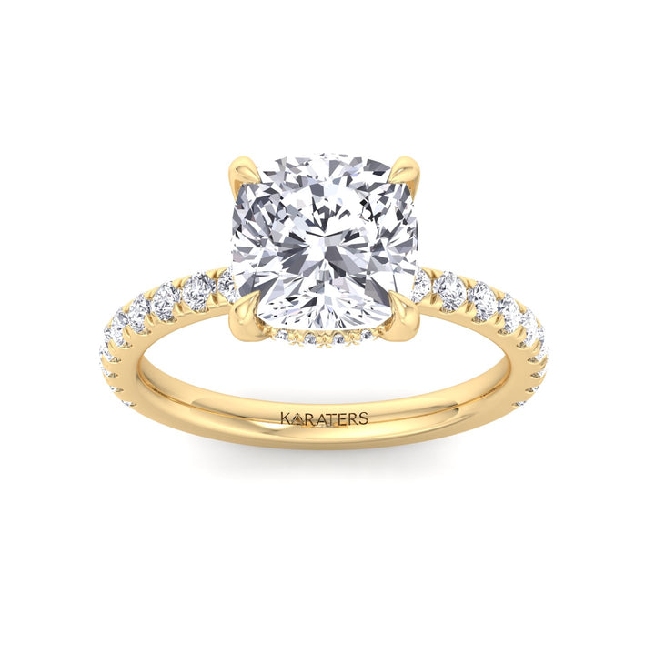 Cushion Cut Lab Grown Diamond Engagement Ring with Sidestones and Hidden Halo Yellow Gold 14K 18K