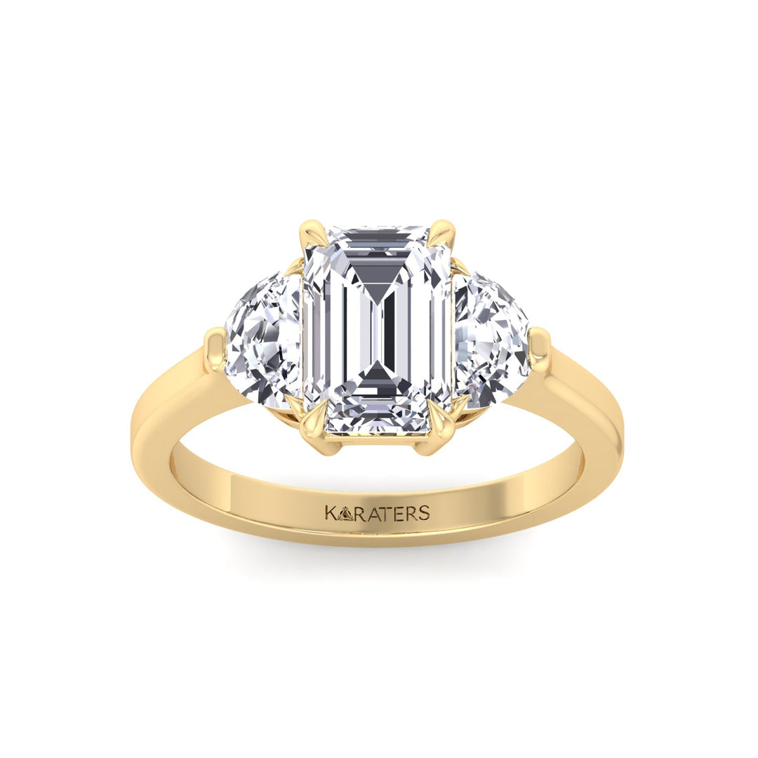 Emerald Shape Lab Grown Diamond Engagement Ring with Half Moon Sidestones Yellow Gold 14K 18K