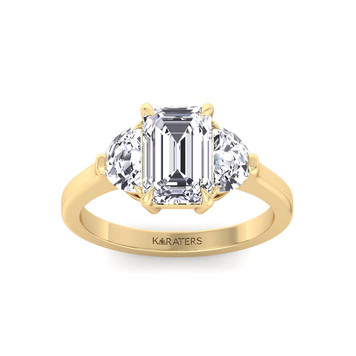 Emerald Shape Lab Grown Diamond Engagement Ring with Half Moon Sidestones Yellow Gold 14K 18K