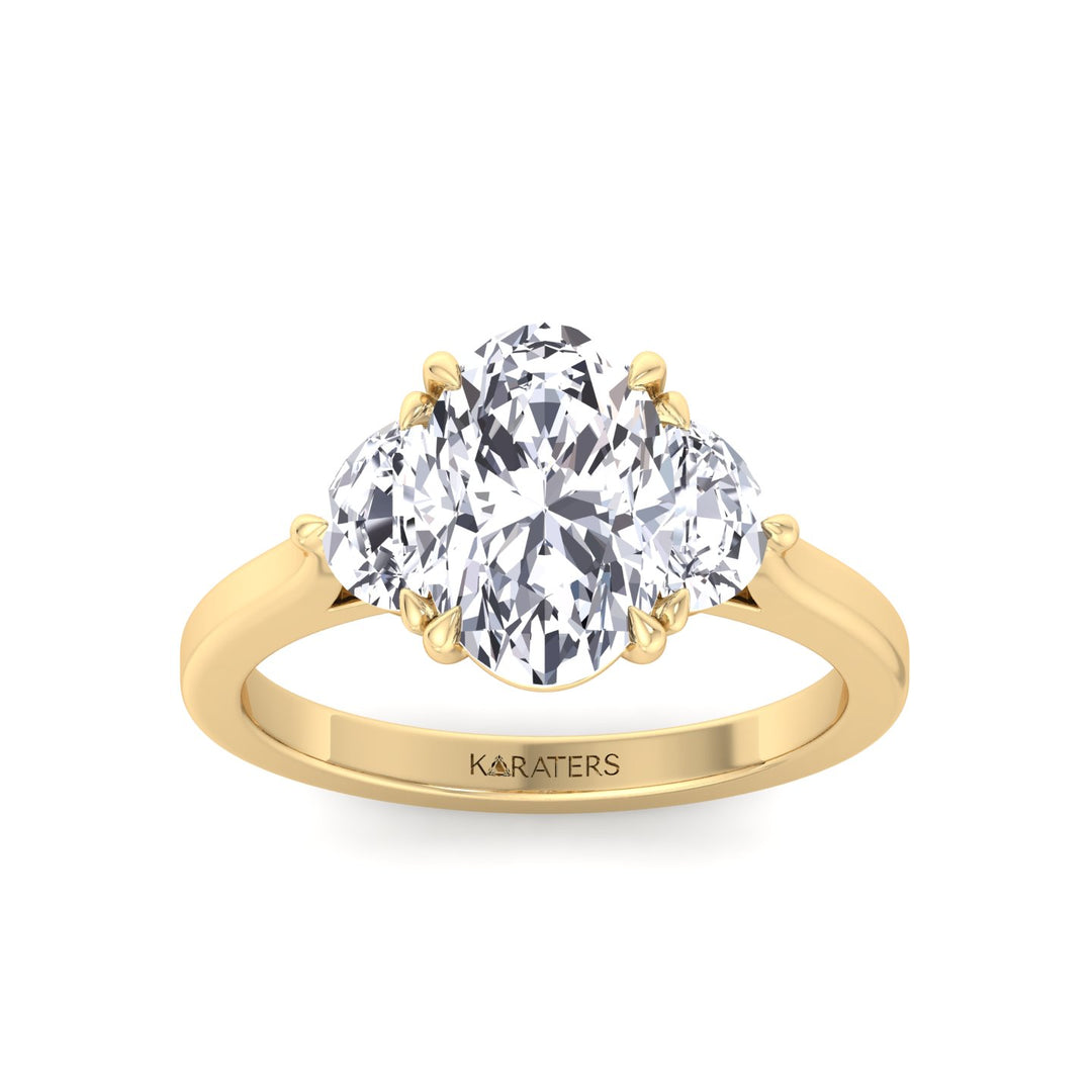 Oval Shape Lab Grown Diamond Engagement Ring with Half Moon Sidestones Yellow Gold 14K 18K