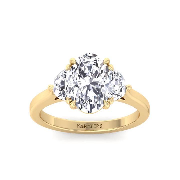 Oval Shape Lab Grown Diamond Engagement Ring with Half Moon Sidestones Yellow Gold 14K 18K