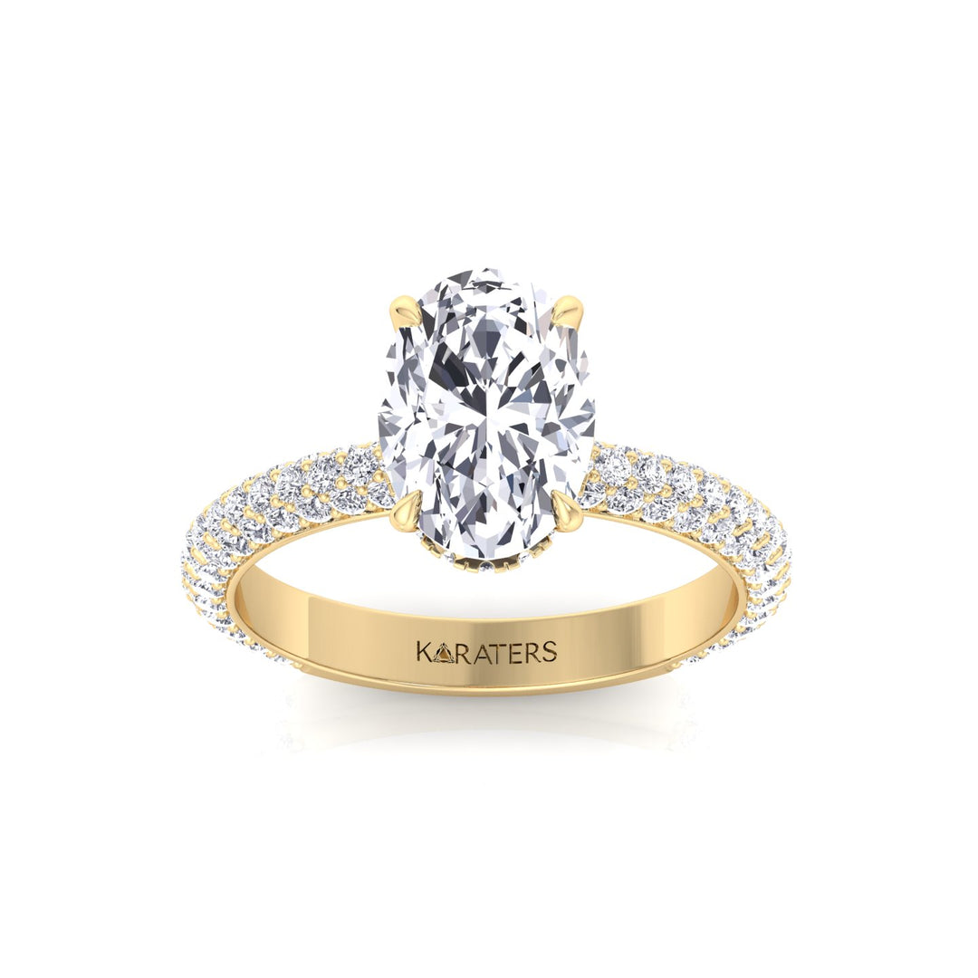 Oval Shape Lab-Grown Diamond Invisible Halo Engagement Ring with Three Row Pave Band Yellow Gold 14K 18K