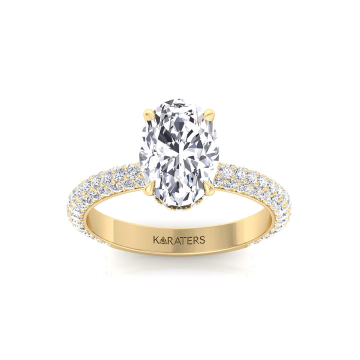 Oval Shape Lab-Grown Diamond Invisible Halo Engagement Ring with Three Row Pave Band Yellow Gold 14K 18K