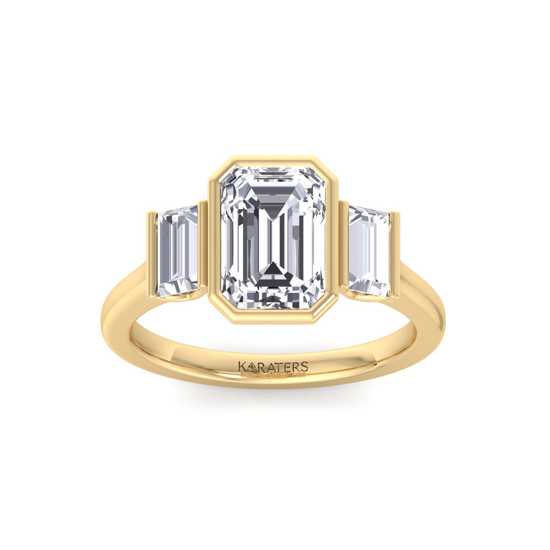 Three Stone Emerald Shape Lab Grow Diamond Engagement Ring Yellow Gold 14K 18K