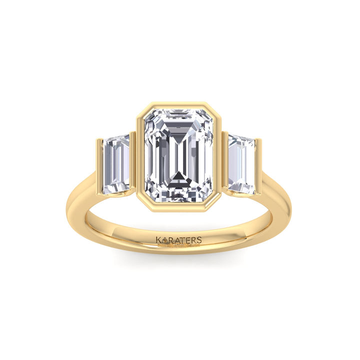 Three Stone Emerald Shape Lab Grow Diamond Engagement Ring Yellow Gold 14K 18K