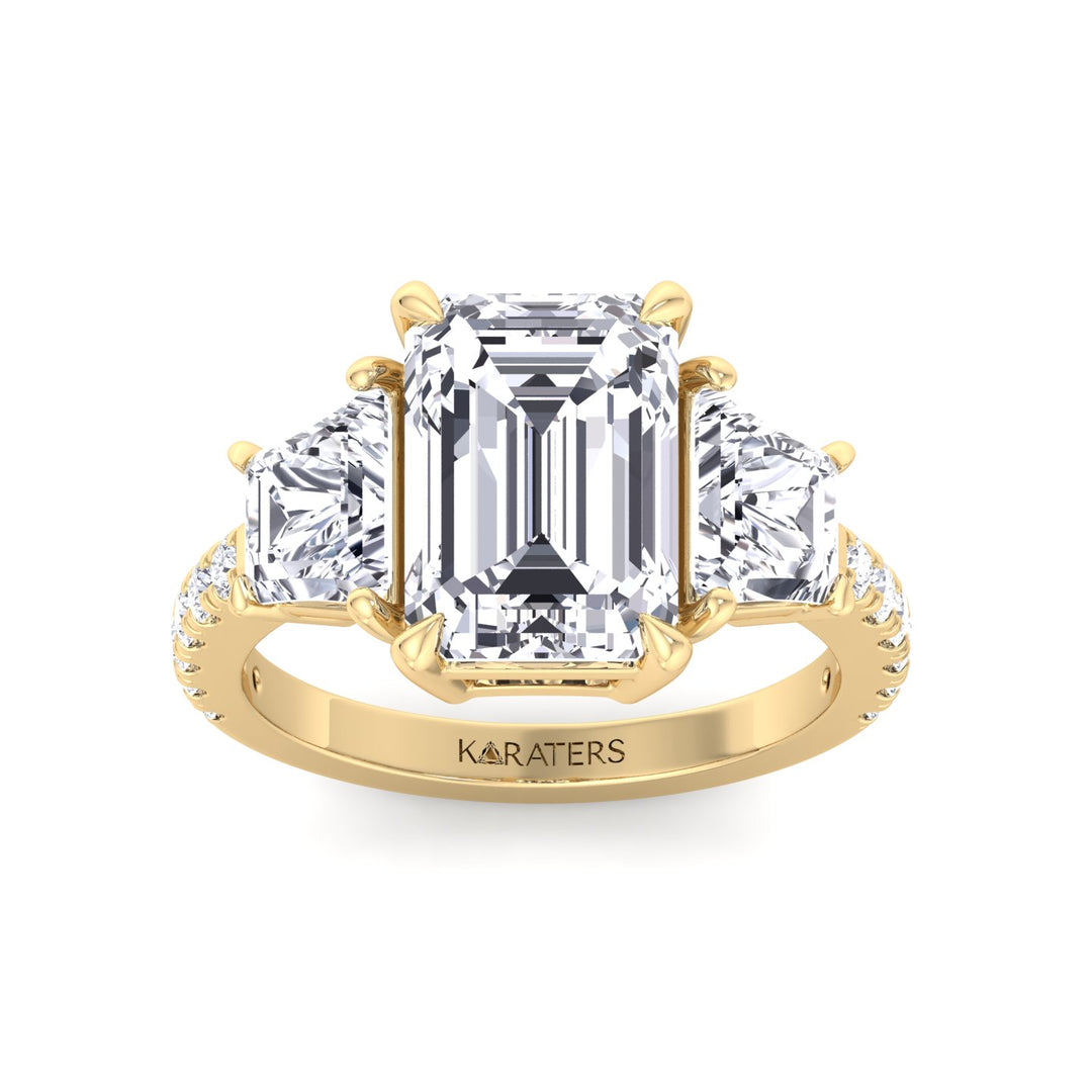 Emerald & Trapezoid Three Stone Lab-Grown Diamond Engagement Ring with Sidestones Yellow Gold 14K 18K