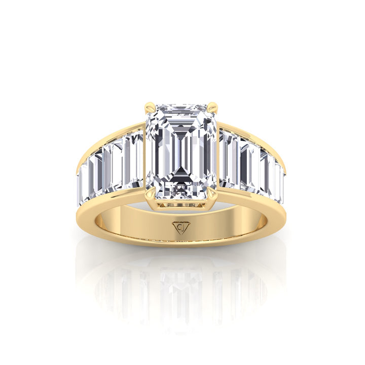 Emerald Shape Lab Grown Diamond Engagement Ring with Graduated Tapered Emerald Sidetones Yellow Gold 14K 18K