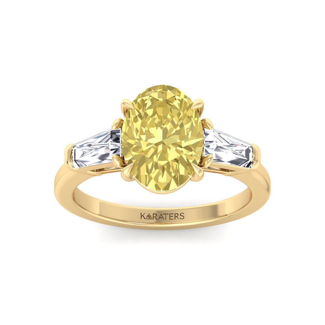 Fancy Yellow Oval Shape Lab Grown Diamond Engagement Ring with Tapered Baguette Sidestones Yellow Gold 14K 18K
