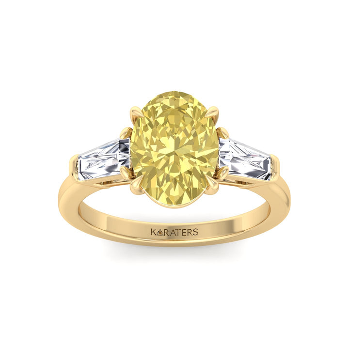 Fancy Yellow Oval Shape Lab Grown Diamond Engagement Ring with Tapered Baguette Sidestones Yellow Gold 14K 18K