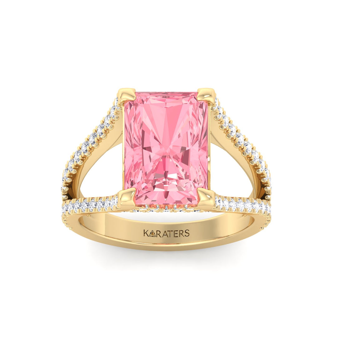 Radiant Cut Pink Diamond Lab Grown Engagement Ring with a Split Band Yellow Gold 14K 18K