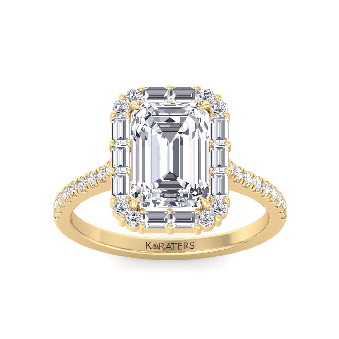 Vintage Emerald Cut Lab-Grown Diamond Engagement Ring with Sidestones Yellow Gold 14K 18K