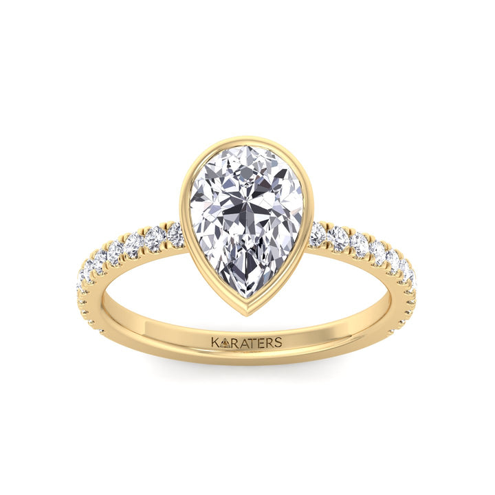 Bezel Set Pear Shape Lab Grown Diamond Engagement Ring With Pave Band Yellow Gold 14K 18K
