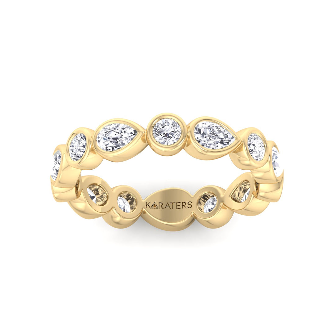 Bezel Set Round and Pear Shape Lab Grown Diamond Eternity Band Yellow Gold 14K 18K
