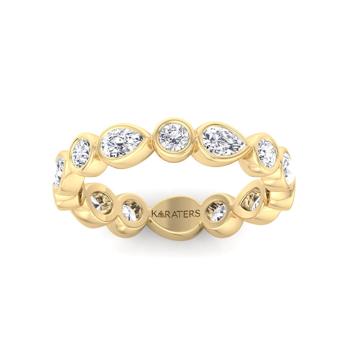 Bezel Set Round and Pear Shape Lab Grown Diamond Eternity Band Yellow Gold 14K 18K