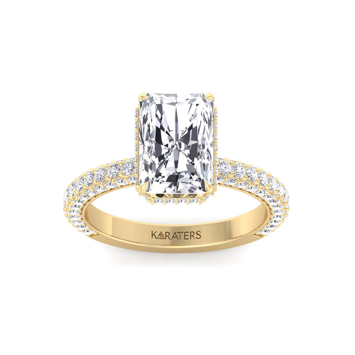 Thick Pave Radiant Cut Hidden Halo Lab Grown Diamond Engagement Ring Yellow Gold 14K 18K