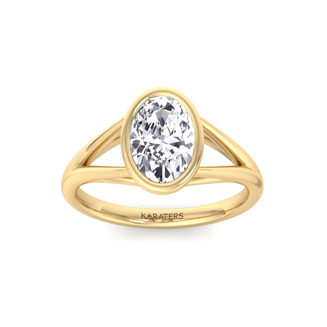 Bezel Set Oval Shape Lab-Grown Diamond Split Shank Engagement Ring Yellow Gold 14K 18K