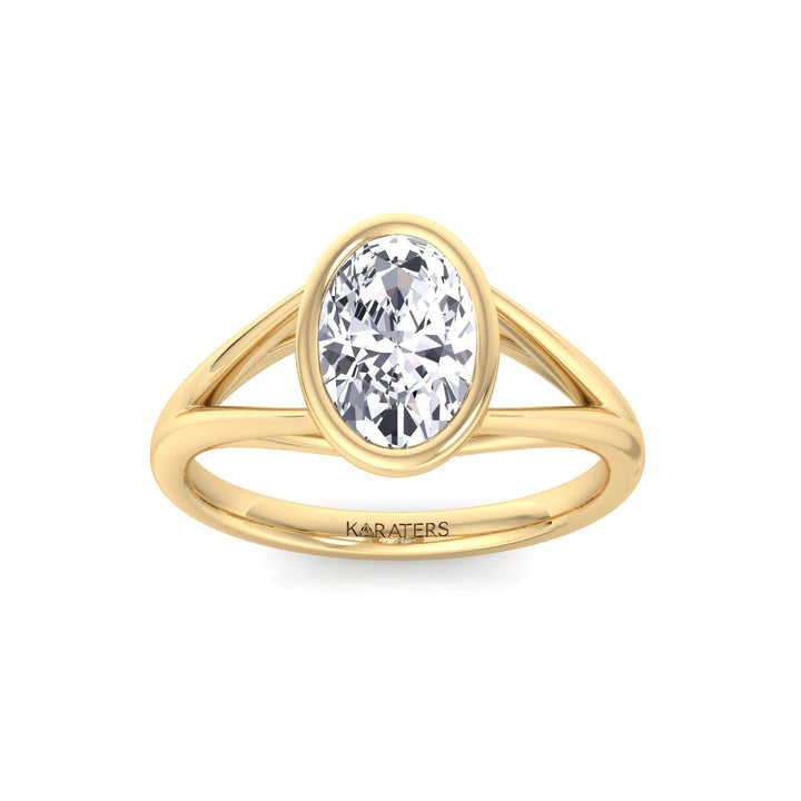 Bezel Set Oval Shape Lab-Grown Diamond Split Shank Engagement Ring Yellow Gold 14K 18K