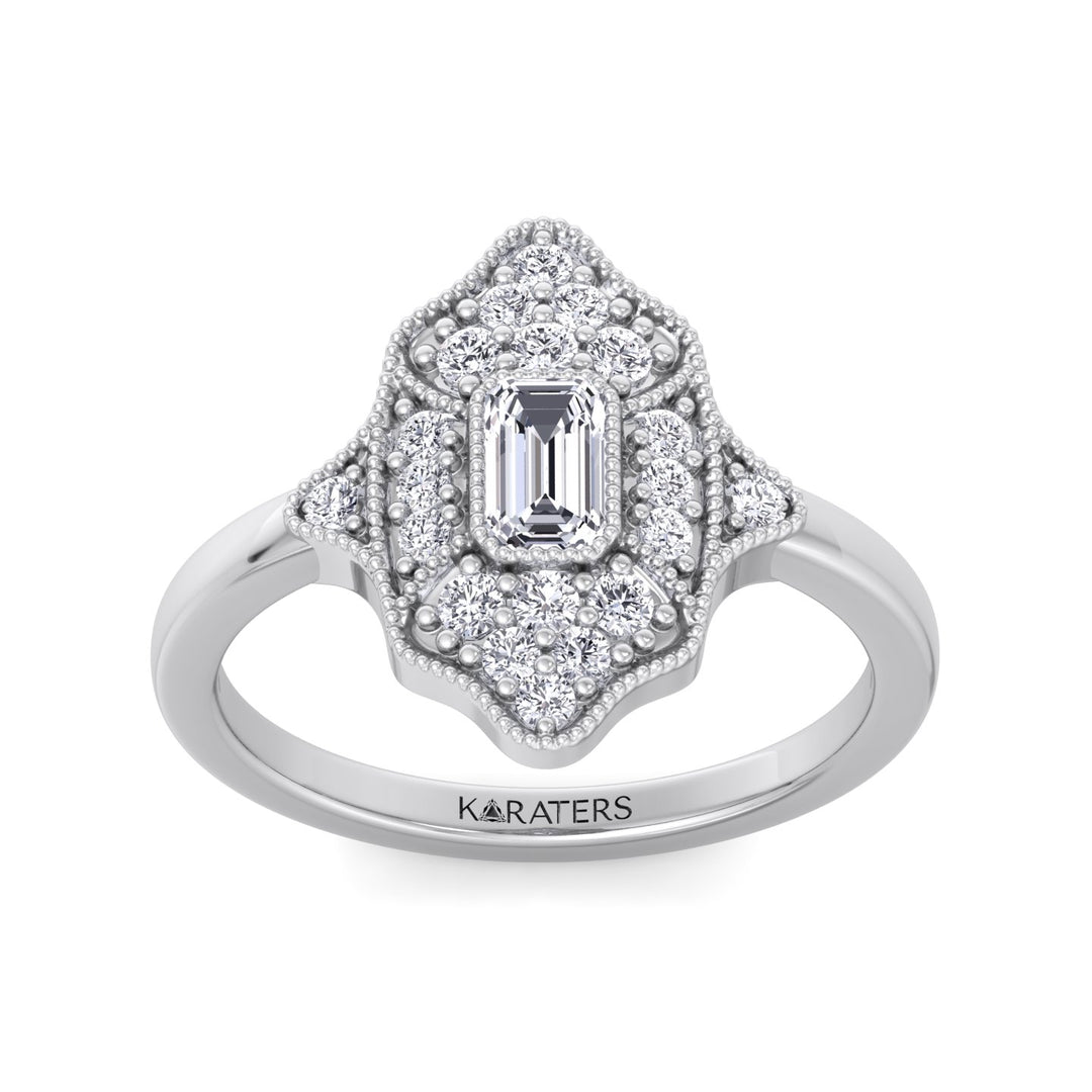 Vintage Style Emerald Shape Lab Grown Diamond Engagement Ring With Round Side Stones