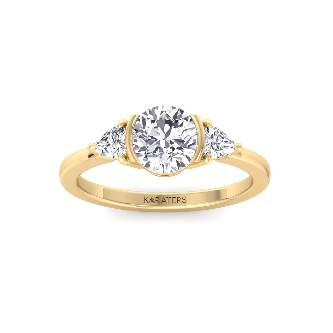 Half Bezel Round Shape Lab-Grown Diamond Engagement Ring with Trillion Sidestones Yellow Gold 14K 18K