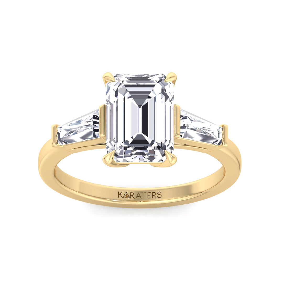 Emerald Cut Grown Diamond Solitaire Engagement Ring With Tapered Baguette Sidestones Yellow Gold 18K