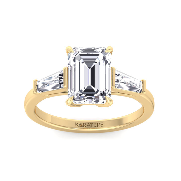 Emerald Cut Grown Diamond Solitaire Engagement Ring With Tapered Baguette Sidestones Yellow Gold 18K