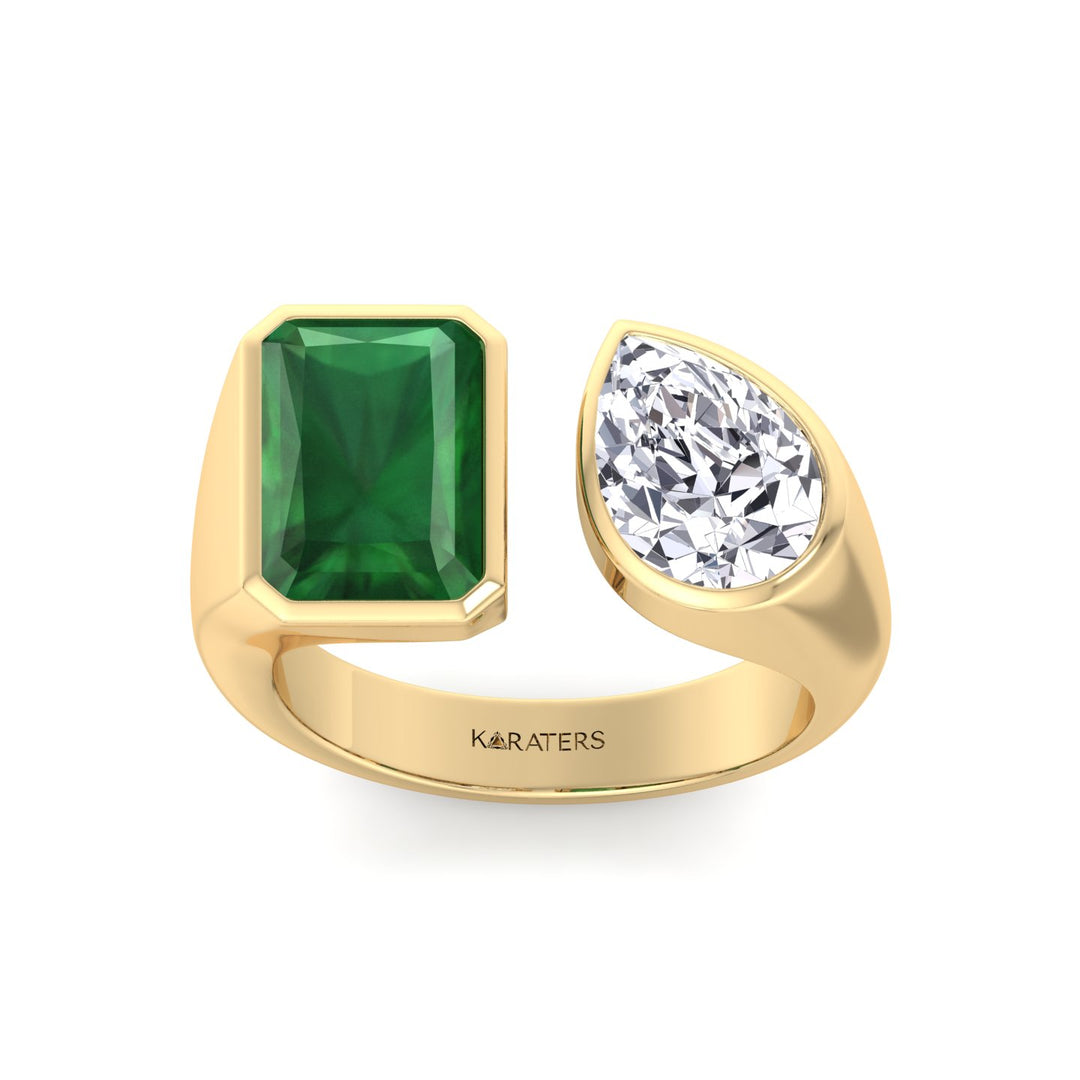 YG Radiant Green Emerald and Pear Shape Bezel Set Lab Grown Diamond top view