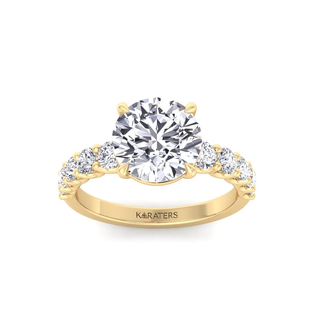 Round Shape Lab Grown Diamond Engagement Ring with Graduated Sidestones Yellow Gold 14K 18K