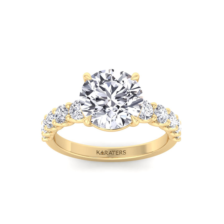Round Shape Lab Grown Diamond Engagement Ring with Graduated Sidestones Yellow Gold 14K 18K
