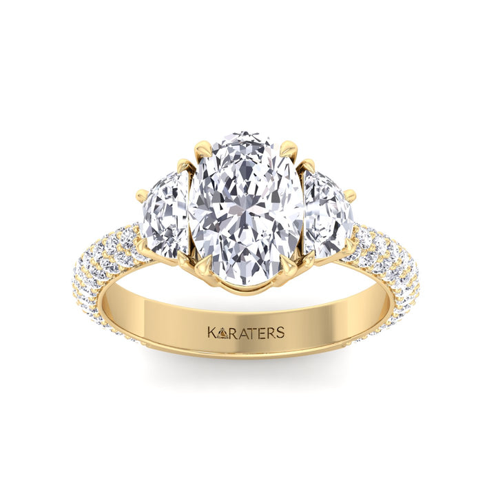 Oval and Half Moon Shape Three Stone Lab Grown Diamond Engagement Ring with Pave Band Yellow Gold 14K 18K