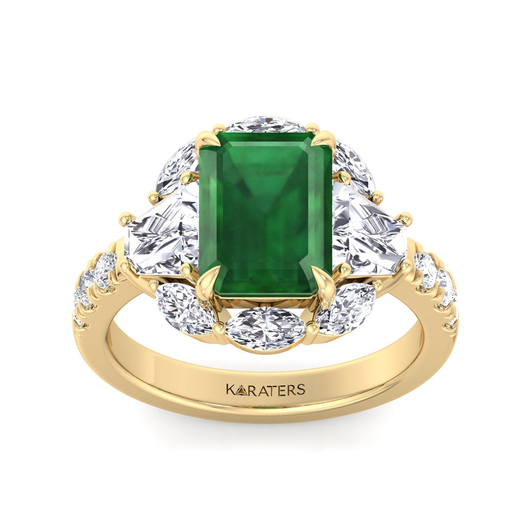 YG Green Emerald Lab Grown Diamond with Multiple Side Stone Engagement Ring top view