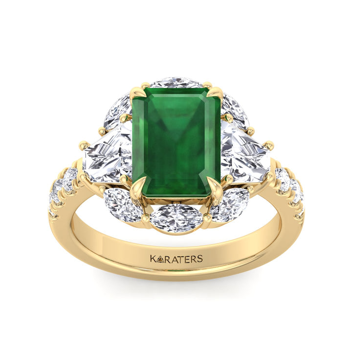 YG Green Emerald Lab Grown Diamond with Multiple Side Stone Engagement Ring top view