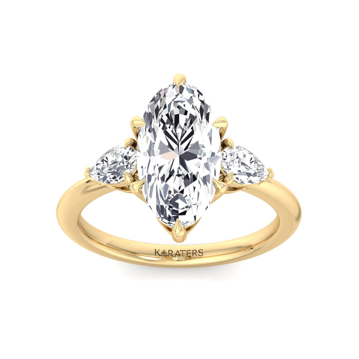 Moval Lab-Grown Diamond Engagement Ring with Pear Sidestones Yellow Gold 14K 18K