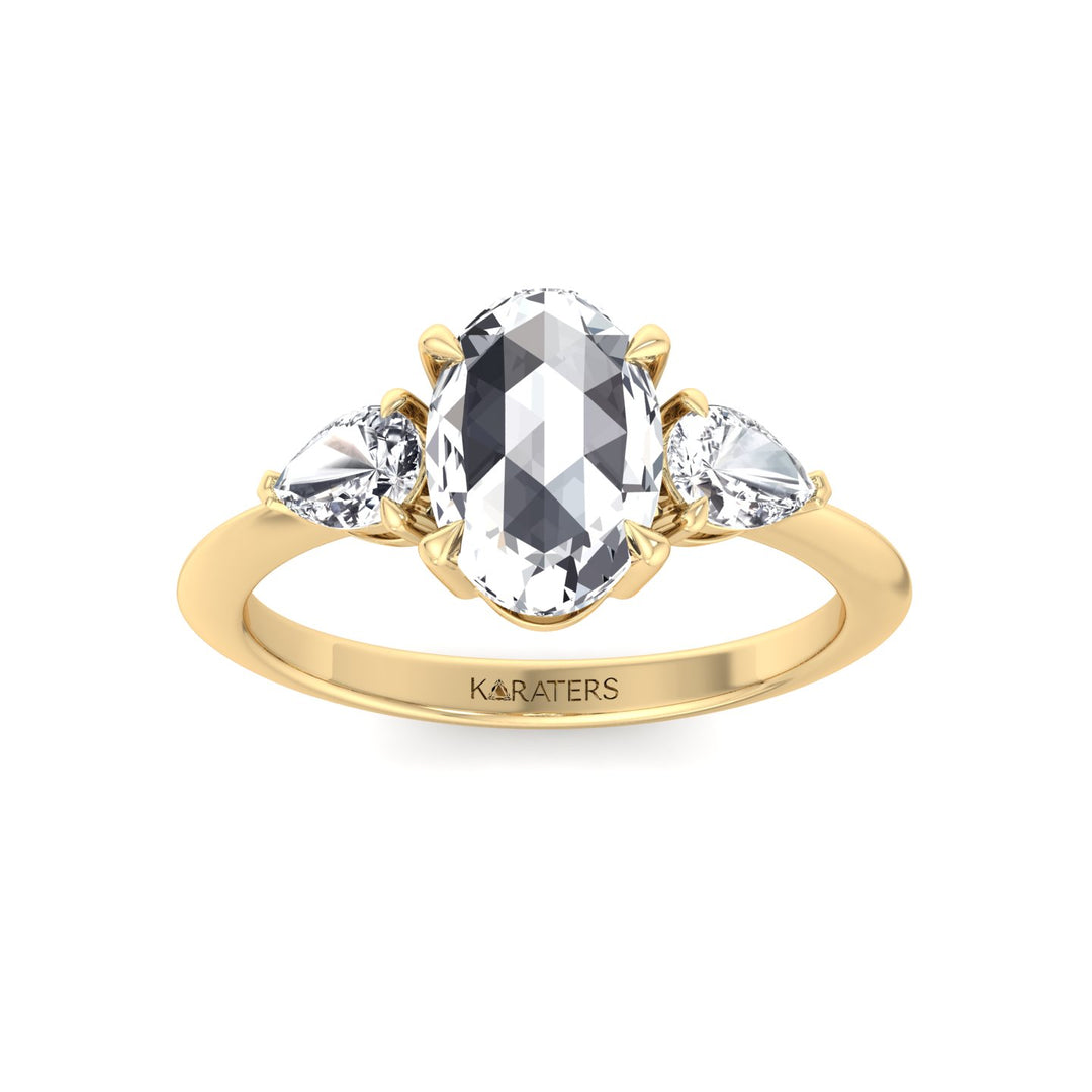 Oval Rose-Cut Lab Grown Diamond Engagement Ring with Pear Sidestones Yellow Gold 14K 18K