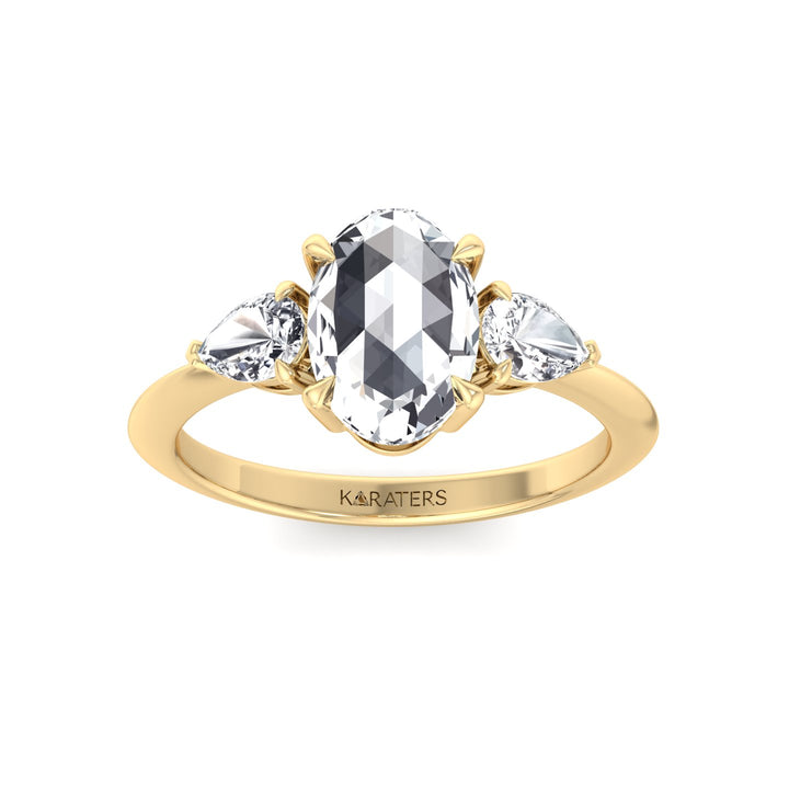 Oval Rose-Cut Lab Grown Diamond Engagement Ring with Pear Sidestones Yellow Gold 14K 18K