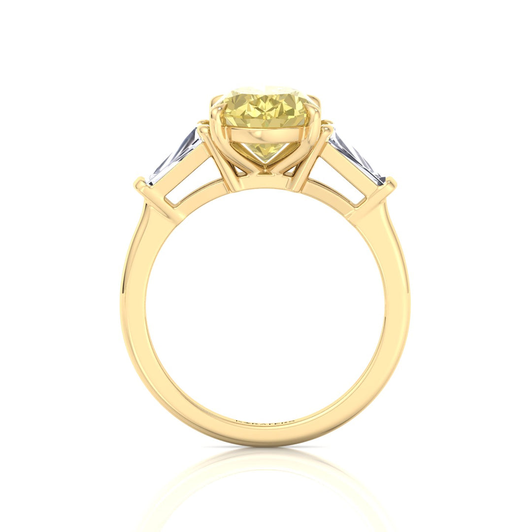 Fancy Yellow Oval Shape Lab Grown Diamond Engagement Ring with Tapered Baguette Sidestones Yellow Gold 
