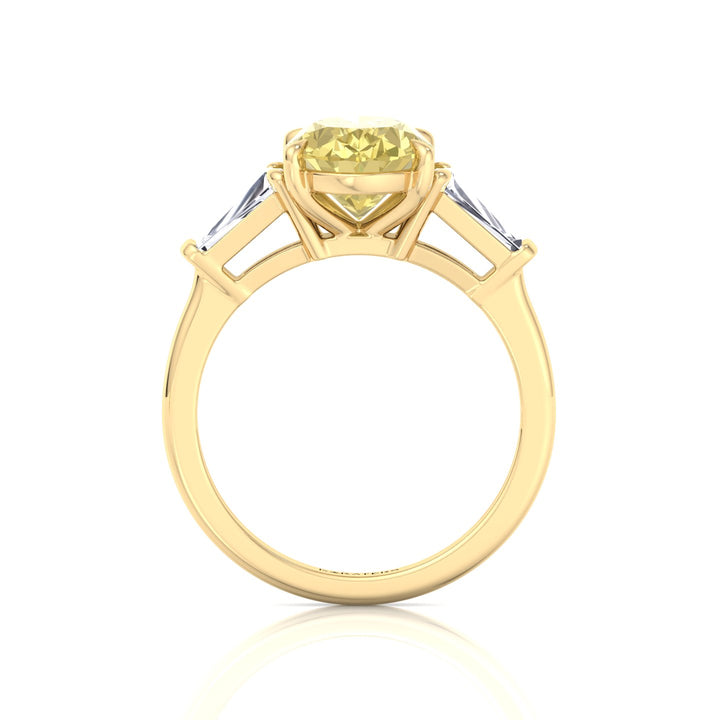 Fancy Yellow Oval Shape Lab Grown Diamond Engagement Ring with Tapered Baguette Sidestones Yellow Gold 