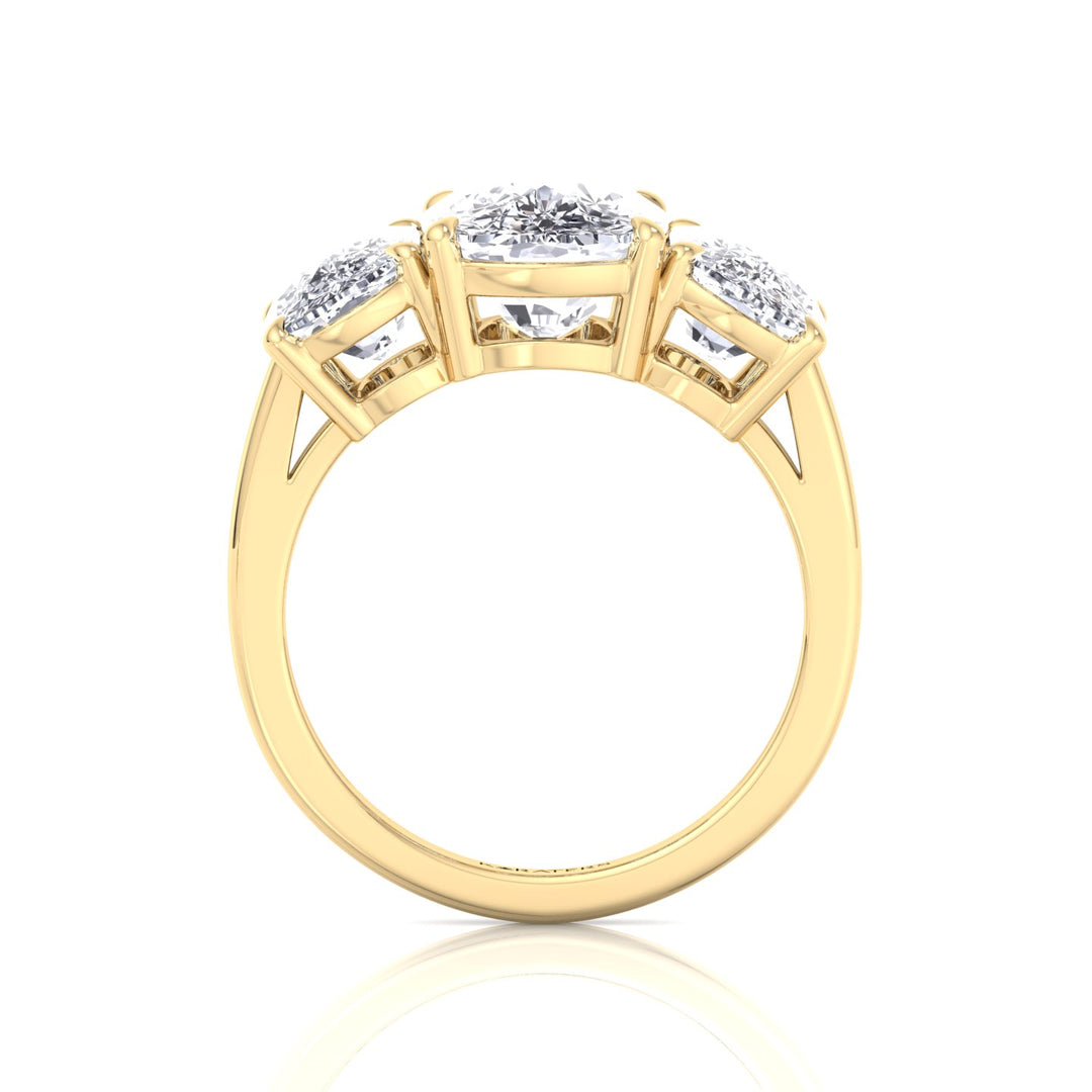 3 Stone Elongated Cushion Cut Lab Grown Diamond Engagement Ring Yellow Gold