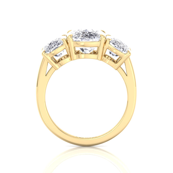 3 Stone Elongated Cushion Cut Lab Grown Diamond Engagement Ring Yellow Gold