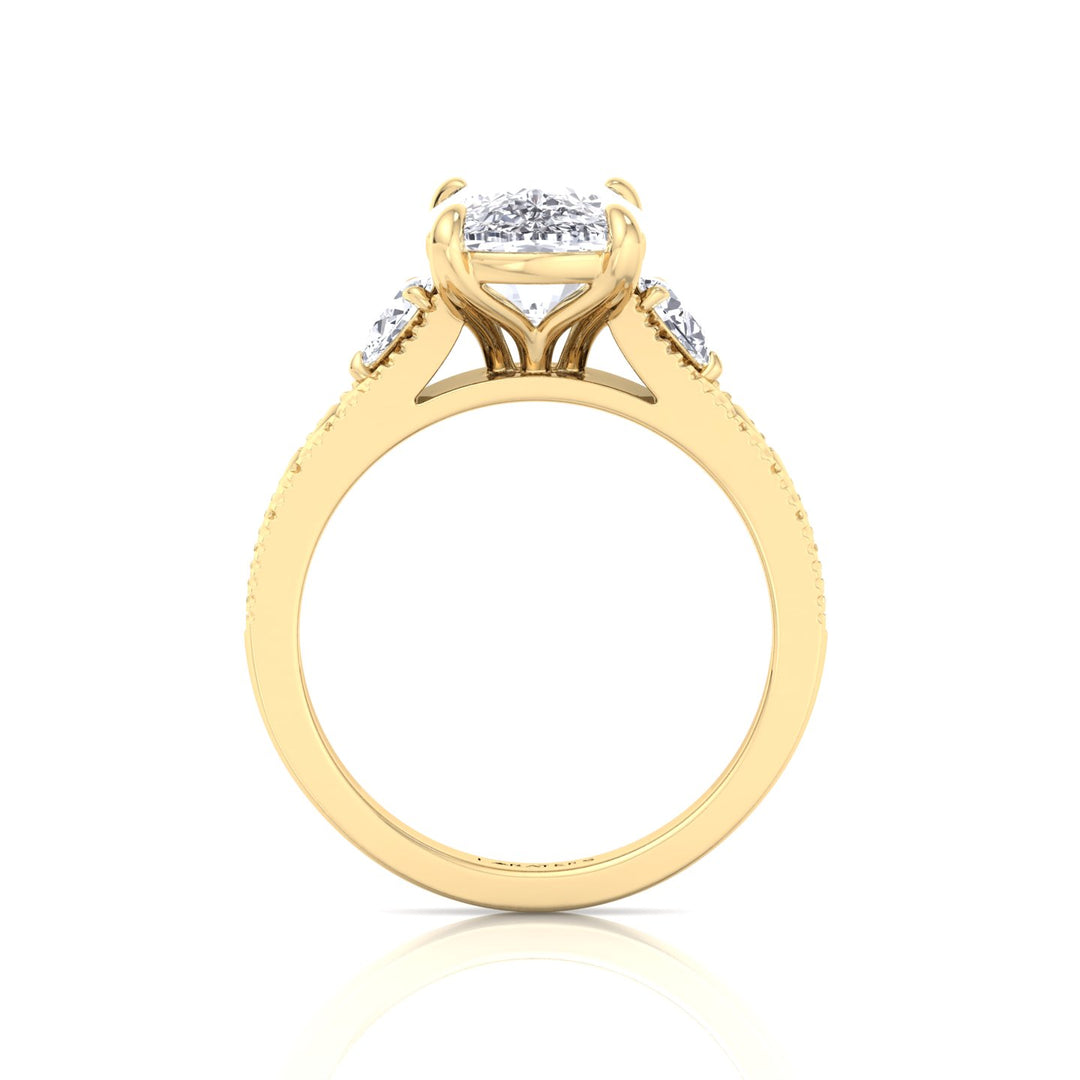 Vintage Style Elongated Cushion-Cut Lab Grown Diamond Engagement Ring with Pear Sidestones Yellow Gold