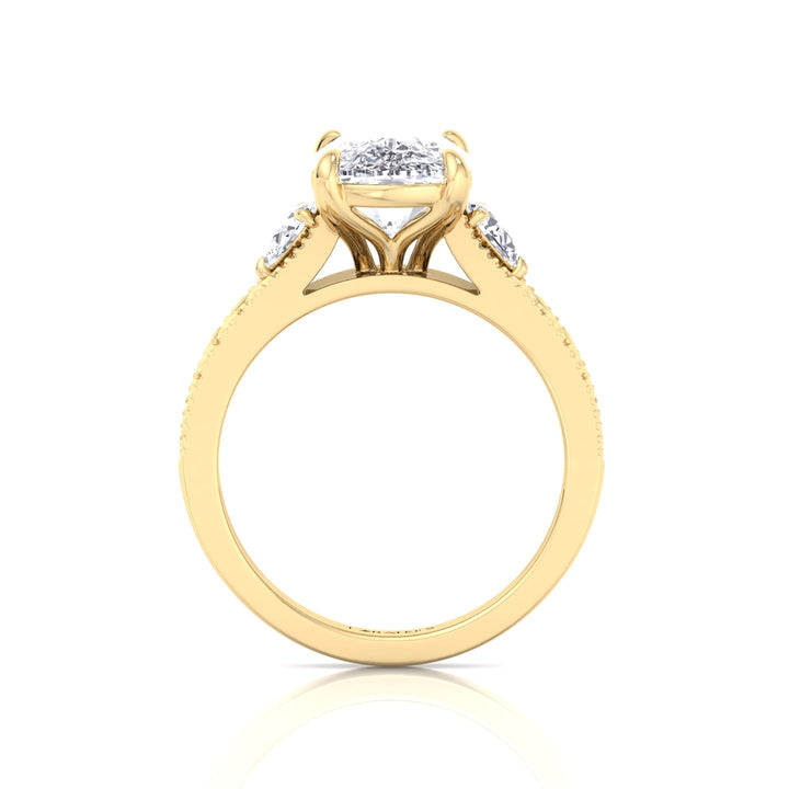 Vintage Style Elongated Cushion-Cut Lab Grown Diamond Engagement Ring with Pear Sidestones Yellow Gold