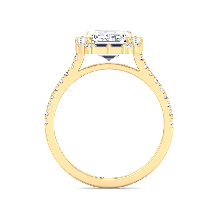 Vintage Emerald Cut Lab-Grown Diamond Engagement Ring with Sidestones Yellow Gold 