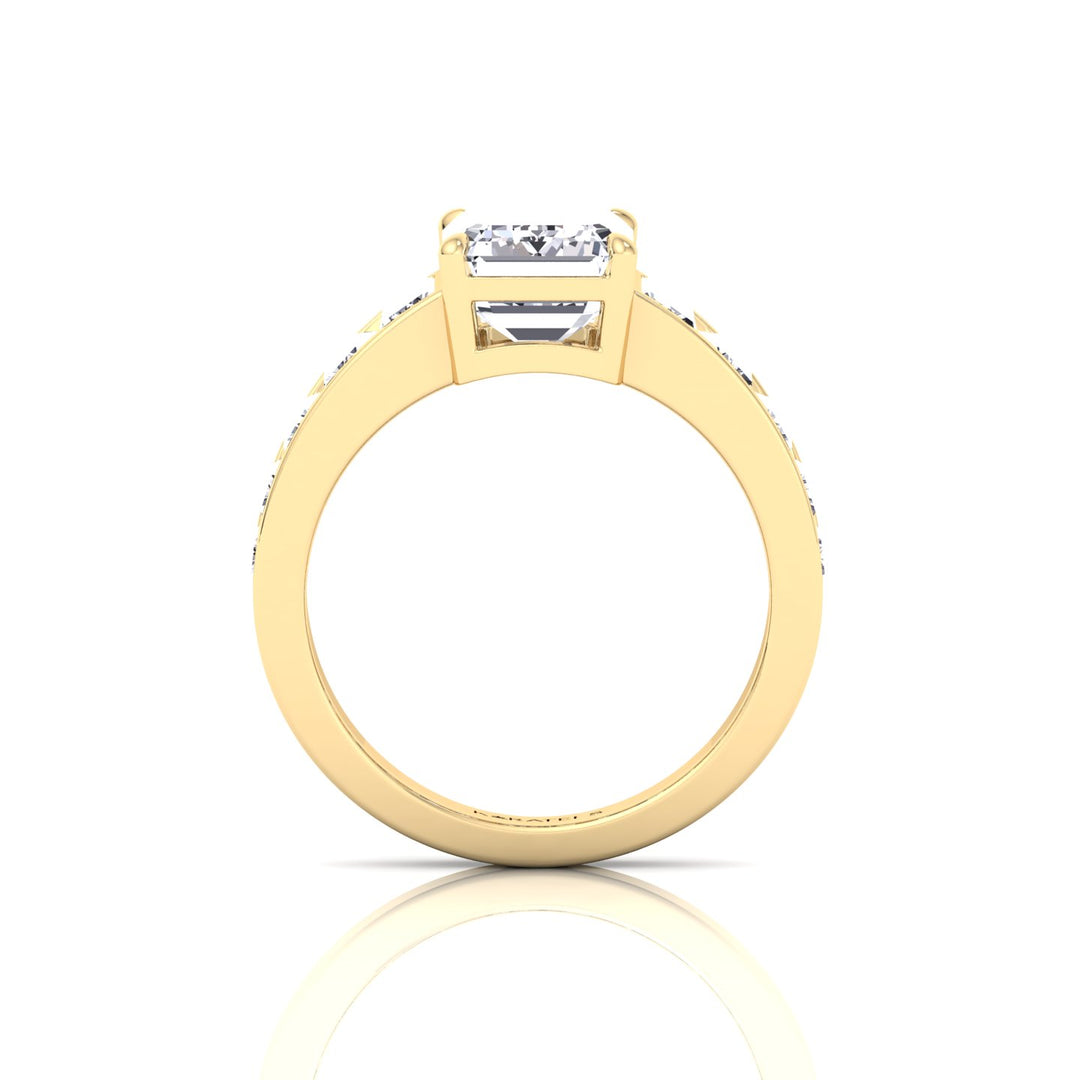 Emerald Shape Lab Grown Diamond Engagement Ring with Graduated Tapered Emerald Sidetones Yellow Gold 