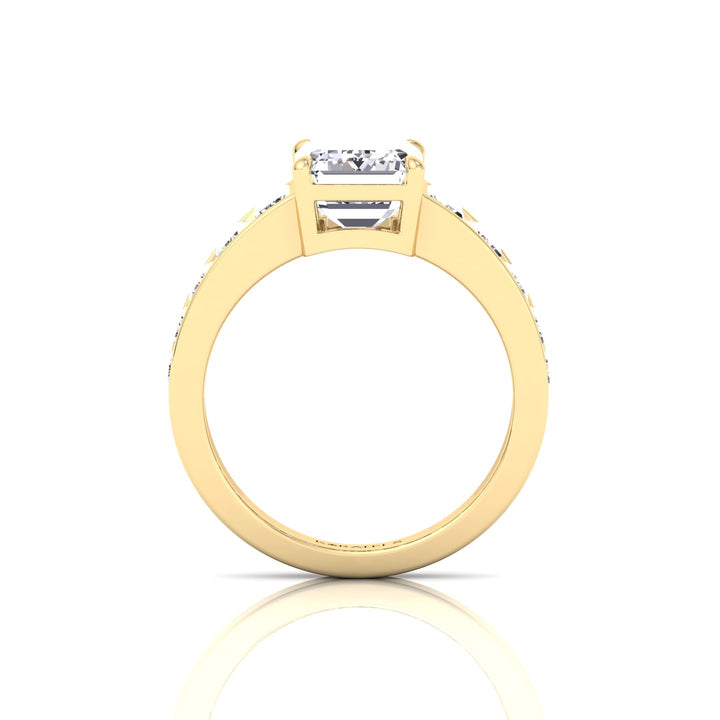 Emerald Shape Lab Grown Diamond Engagement Ring with Graduated Tapered Emerald Sidetones Yellow Gold 
