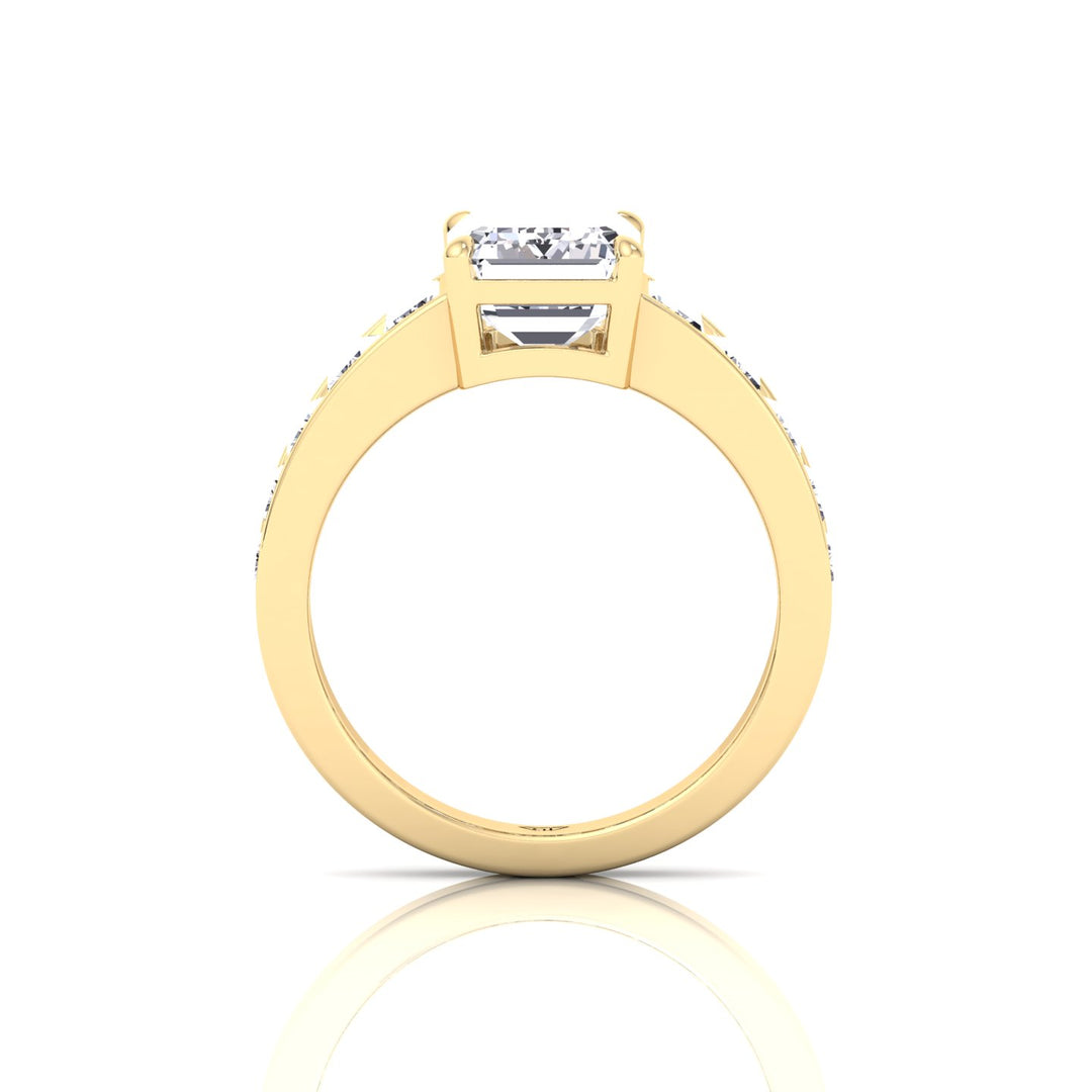 Emerald Shape Lab Grown Diamond Engagement Ring with Graduated Tapered Emerald Sidetones Yellow Gold 