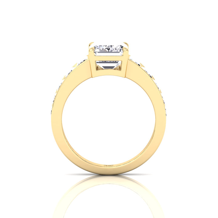 Emerald Shape Lab Grown Diamond Engagement Ring with Graduated Tapered Emerald Sidetones Yellow Gold 