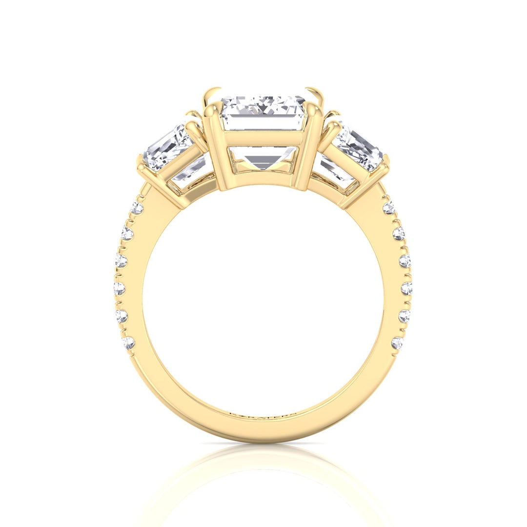 Emerald & Trapezoid Three Stone Lab-Grown Diamond Engagement Ring with Sidestones Yellow Gold 