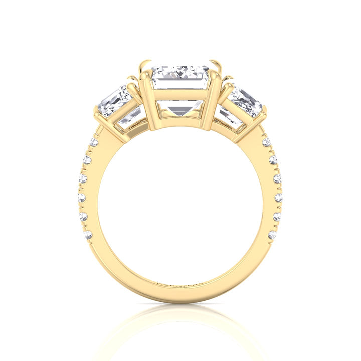 Emerald & Trapezoid Three Stone Lab-Grown Diamond Engagement Ring with Sidestones Yellow Gold 