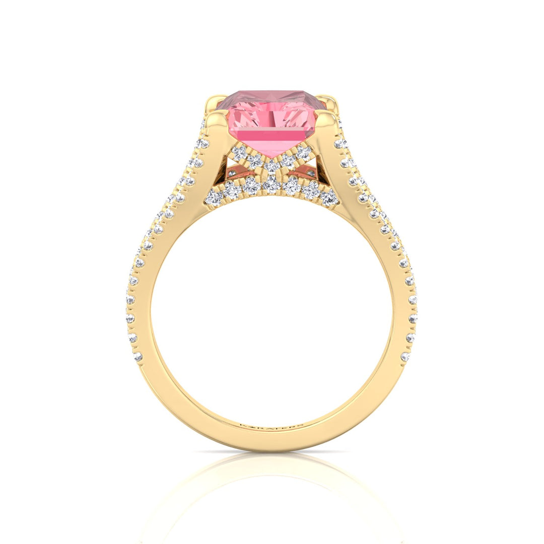 Radiant Cut Pink Diamond Lab Grown Engagement Ring with a Split Band Yellow Gold 14K
