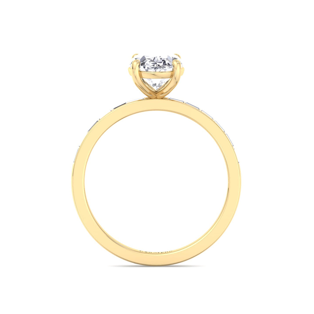 Oval Cut Lab Grown Diamond Engagement Ring with Baguette Channel Band-1CT-2CT-3CT-4CT-5CT-6CT-7CT-8CT-9CT-10CT-Yellow Gold