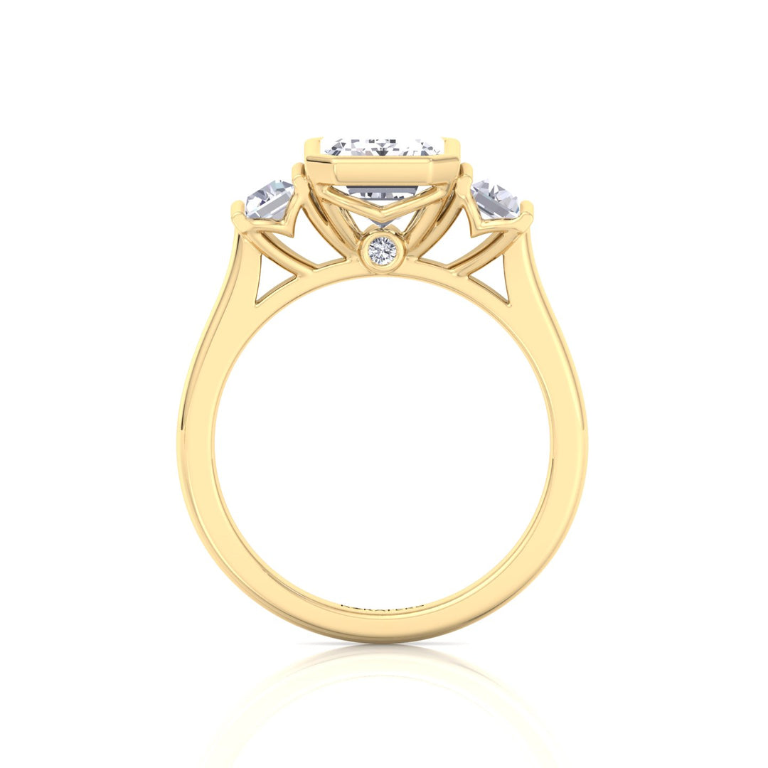 Three Stone Emerald Shape Lab Grow Diamond Engagement Ring Yellow Gold 
